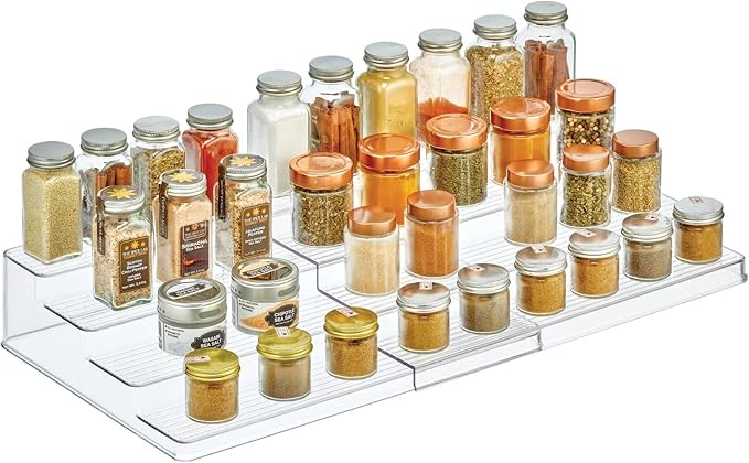 mDesign Plastic Adjustable, Expandable 4-Tier Kitchen Cabinet, Pantry, Shelf Organizer/Spice Rack - Storage for Spice Bottles, Jars, Seasonings, Baking Supplies, Lumiere Collection - Clear