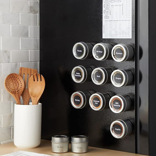 Talented Kitchen 12 Magnetic Spice Jars for Refrigerator with 3 Metal Wall Bases, 269 Preprinted Seasoning Labels, 2 Styles, 1 Cooking Conversion Chart, for 3 oz Containers - Magnetic Spice Containers