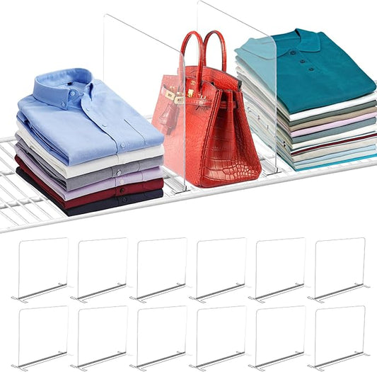 SSAWcasa Acrylic Shelf Dividers for Wire Shelves, 12 Pack Shelf Dividers for Closet Organization, Clear Wire Shelving Organizer Separator Sweater Storage Rack in Cabinet Kitchen Bedroom Office Pantry