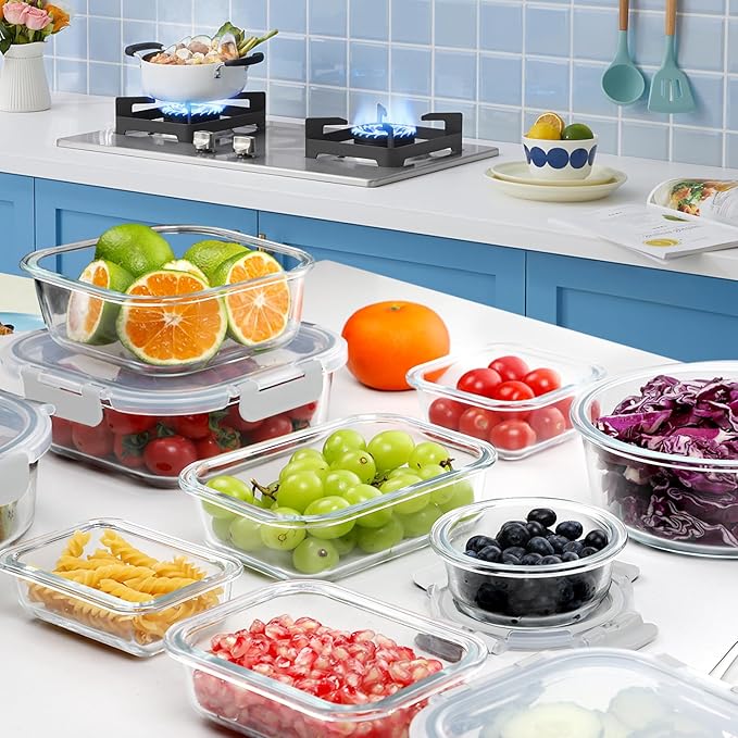 VERONES 30 Pieces Glass Meal Prep Containers Set, Stackable Glass Food Storage Containers with Lids-Airtight Glass Lunch Containers，for Microwave, Oven, Freezer & Dishwasher,White