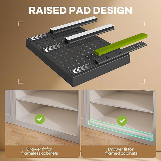 1 Pack Pull out Cabinet Organizer 21" Deep With Raising Pad for Framed Cabinets, Expandable Slide out Drawers for Kitchen Cabinets with 2pcs Divider Racks, Roll out Shelves 12.1"-20.4"W Black