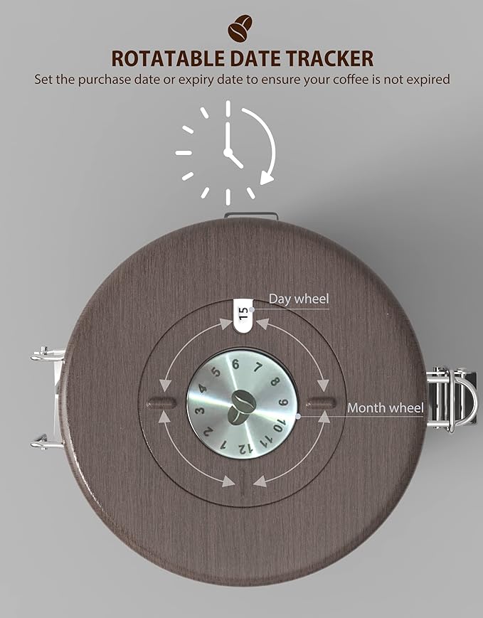 HAIOOU Airtight Coffee Canister Wood Grain, 16OZ Small Stainless Steel Coffee Bean Storage Container with Date Tracker, Measuring Scoop, CO2 Filter Valves for Beans Grounds - Walnut and Gray