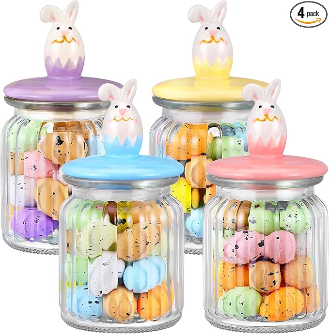 Nitial 4 Pcs Easter Glass Jar with Cap Bunny Rabbit Egg Shape Clear Candy Jar Decorative Food Storage Canister with Airtight Ceramic Lid for Eater Party Tea Cookie Table Decoration (7.8 oz,Bunny)