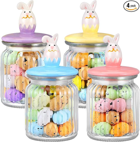 Nitial 4 Pcs Easter Glass Jar with Cap Bunny Rabbit Egg Shape Clear Candy Jar Decorative Food Storage Canister with Airtight Ceramic Lid for Eater Party Tea Cookie Table Decoration (7.8 oz,Bunny)