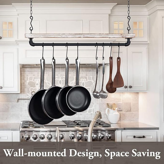 MyGift 30 Inch Ceiling or Wall Mounted Pot Rack with Shabby White Washed Solid Wood Shelf and Industrial Matte Black Metal Pipe, Hanging Cookware Utensils Organizer with 8 S-Hooks