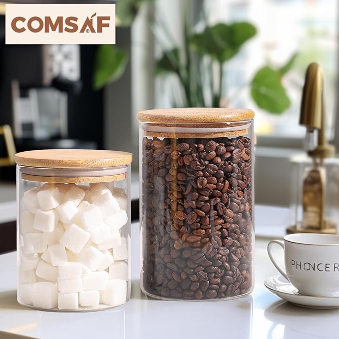 ComSaf 32oz Glass Storage Containers with Lids, Glass Jars with Lids, Clear Food Storage Jar, Round Canister Set of 6, Pantry Organizers for Cookie Pasta Flour Rice Tea Coffee Bean