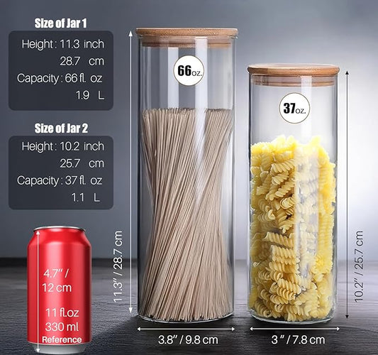 Glass Food Storage Jars with Airtight Lids, 33 oz Tall Clear Glass Jar with Bamboo Lid, Airtight Food Canister for Pasta, Candy, Coffee, Sugar, Cookie, Snack. (Round | 10+11 Inch)