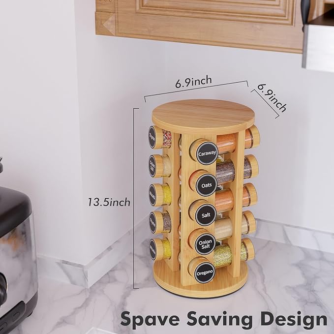 New England Stories Revolving Spice Rack Set with 20 Spice Jars, Kitchen Spice Tower Organizer for Countertop or Cabinet - Carousel Storage Includes 386 Spice Labels (Bamboo)