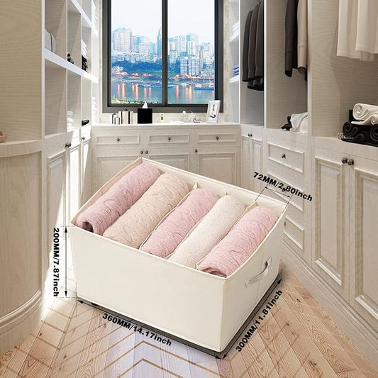 2 Packs Wardrobe Clothes Organizer, Foldable Closet Organizers Extra large 5 Grids Fabric Drawer Dividers with Double Handles for Jeans, Clothes, Pants, Sweaters, T-Shirts (Cream)