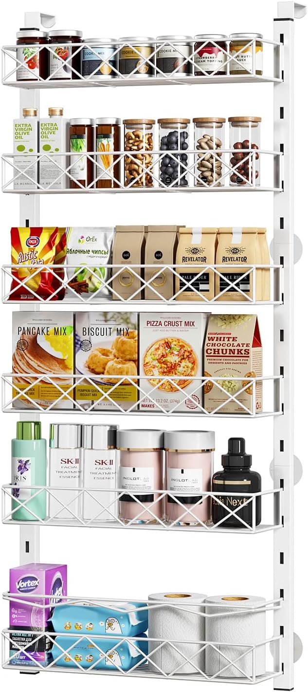 Over the Door Organizer, White 6-Tier Pantry Door Organizer with Adjustable Basket, Hanging Spice Rack Cabinet Door Shelves, Laundry Room Organization and Storage