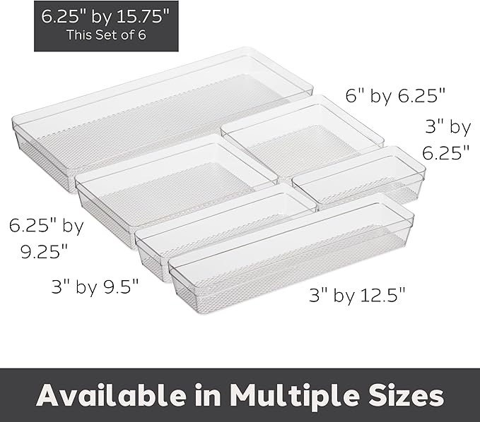 Oggi Clear Drawer Organizer - 6.25" X 15.75" (Set of 6) - Ideal for Organizing Kitchen Drawers, Office, Desk, Silverware, Kitchen Utensils, Cosmetics and Bathrooms