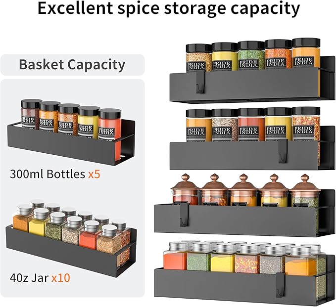 4-Piece Extra-Large Capacity Magnetic Spice Rack for Refrigerator, Matt Black