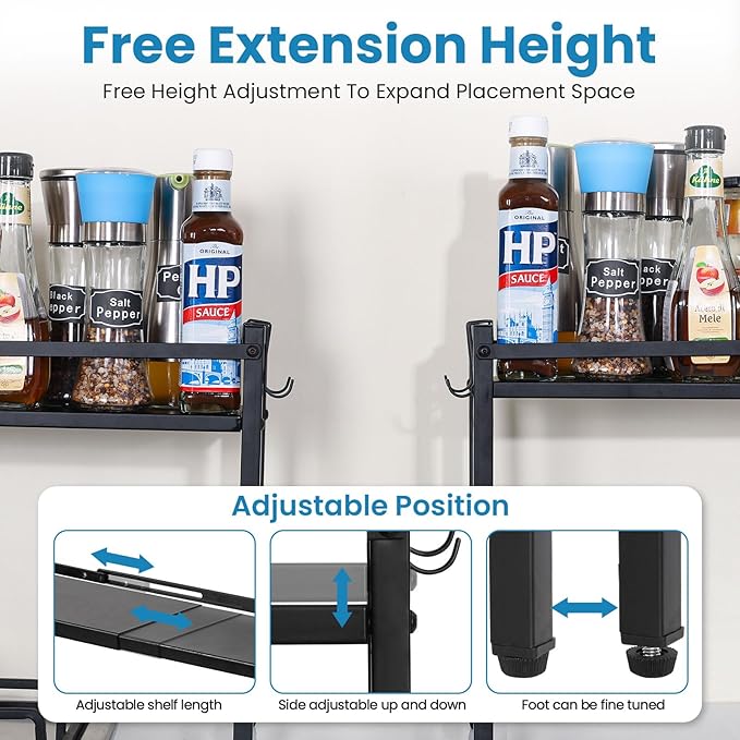 Stove Top Shelf, Extendable Spice Rack for Kitchen - Adjustable Over-the-Stove Shelf with 4 Hooks, Seasoning Organizer Countertop, Extra Space Saver (Black)