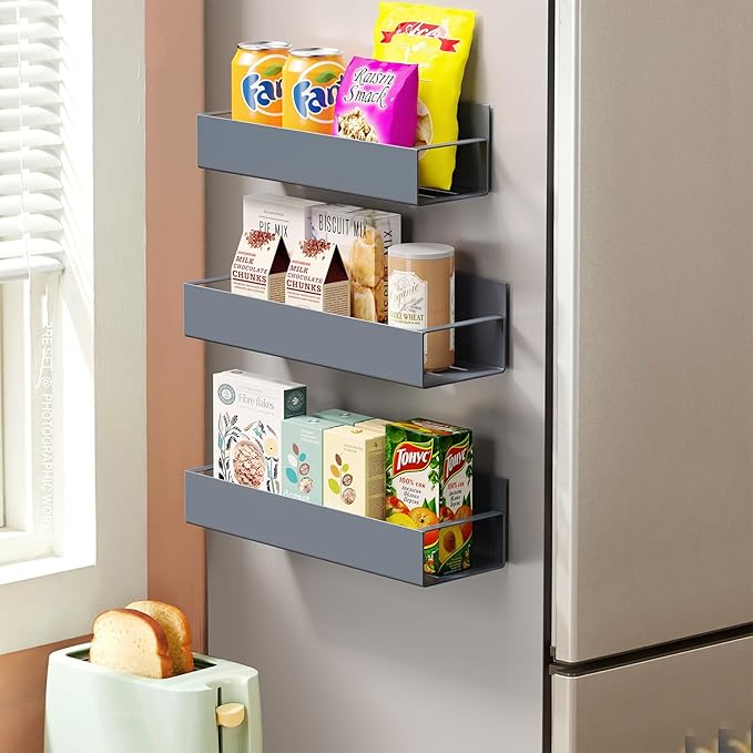 3 Pack Moveable Fridge Magnetic Spice Racks,Metal Grey