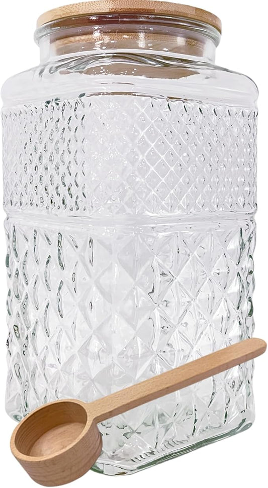1 Gallon Glass Jar with Lid Spoon 120 OZ Square Wide Mouth Glass Storage Jars Airtight Large Vintage Canister Container for Candy Cookie Sugar Coffee Tea Nuts Flour Dog Treat Laundry Pods