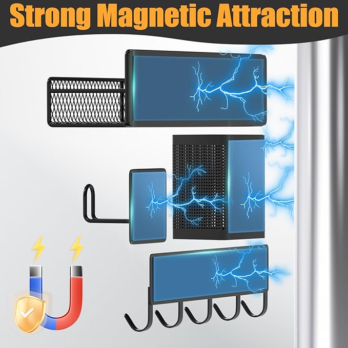 Magnetic Spice Rack for Refrigerator, 10 Pack Metal Magnetic Shelf, Moveable Spice Organizer with Hook Rack, Paper Towel Holder, Kitchenware Holder, Strong Magnetic Storage Fridge Organizer Black