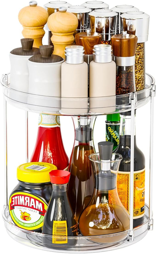 9.8" Tall 2 Tier Lazy Susan Organizer for Countertop,Cabinet and Pantry Shelf,Double Clear Spice Turntable & Rotating Spice Rack Organization and Vitamin & Medicine Cabinet Organizers Carousel