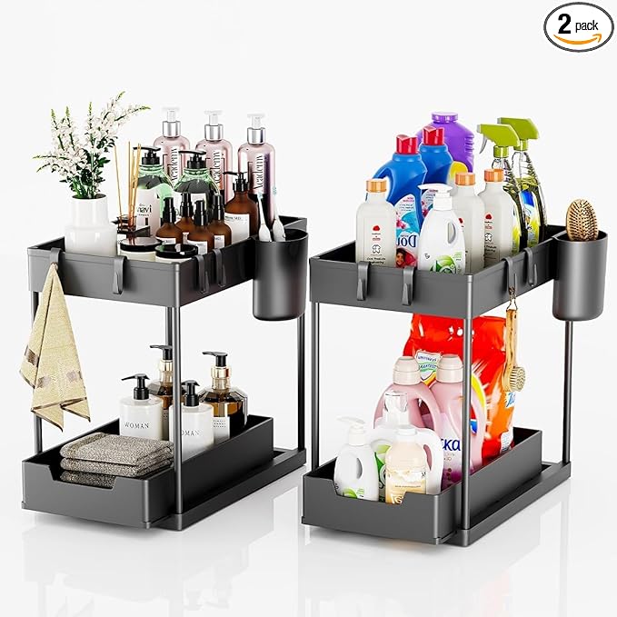 2PC Under Sink Organizer with Hanging Cups - 2 Tier Metal Under Sliding Cabinet Organizer Drawer with 4 Hooks for Bathroom Pantry Cabinet Rack Black