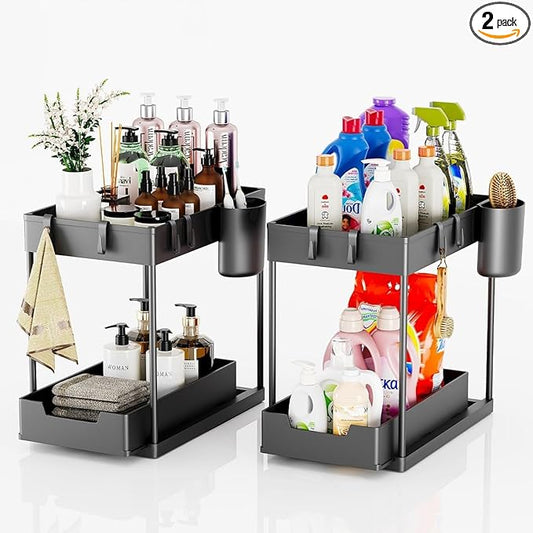 2PC Under Sink Organizer with Hanging Cups - 2 Tier Metal Under Sliding Cabinet Organizer Drawer with 4 Hooks for Bathroom Pantry Cabinet Rack Black