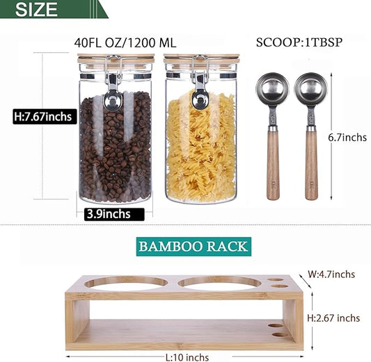 KKC HOME ACCENTS Airtight Glass Coffee and Sugar Storage Jars with Sealed Clamp Lids and Scoops, Air Tight Glass Coffee bean Containers for Ground Coffee,Loose Leaf Tea,Brown Sugar,Matcha,40 FL OZ