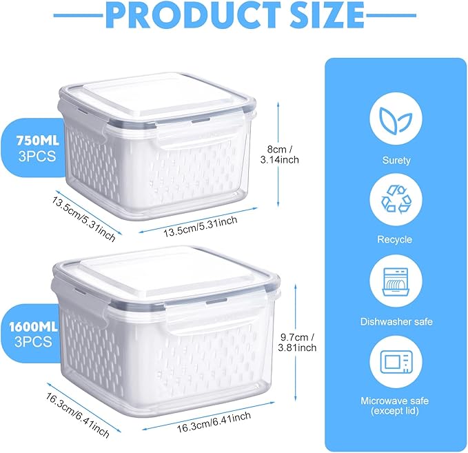 6 Pcs Fruit Storage Containers for Fridge, Food Storage Containers Berry Produce Fridge Organizer with Removable Colander Keep Fruits, Vegetable, Veggie, Meat Fresh Longer(Medium, Small)