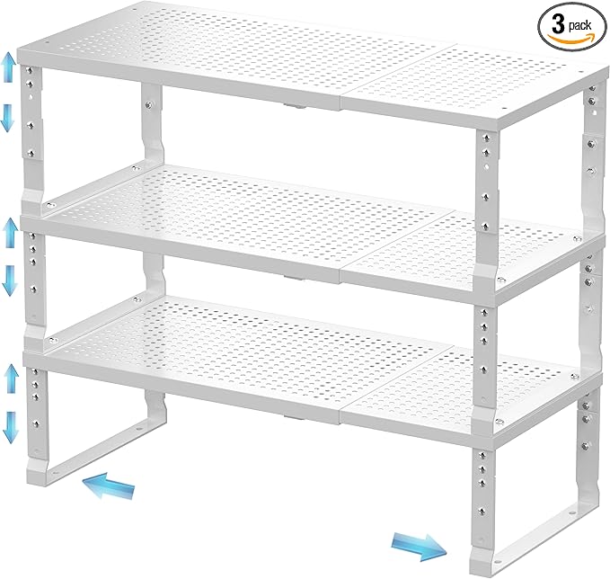 Expandable Spice Rack & Kitchen Cabinet Organizer - Stackable, Adjustable Shelves for Cabinets, Countertops, Cupboards & Pantries(3 Packs/Medium/White)