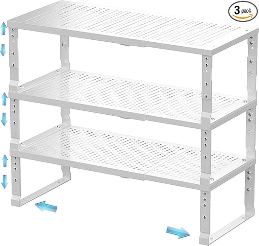 Expandable Spice Rack & Kitchen Cabinet Organizer - Stackable, Adjustable Shelves for Cabinets, Countertops, Cupboards & Pantries(3 Packs/Medium/White)