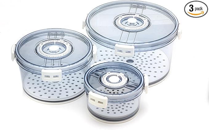 Lettuce Keeper for Refrigerator with Lids 3-Piece Set Date Chronograph Airtight BPA-Free Removable Drain Tray and Air Vents