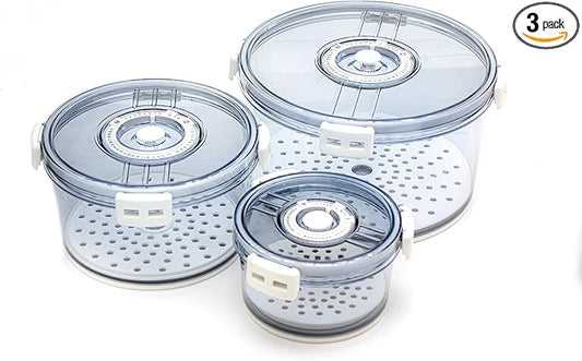 Lettuce Keeper for Refrigerator with Lids 3-Piece Set Date Chronograph Airtight BPA-Free Removable Drain Tray and Air Vents