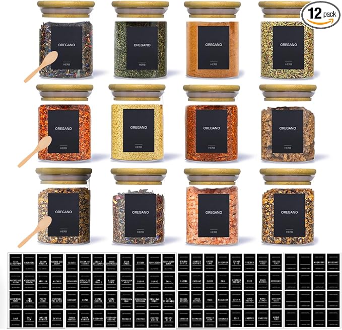 12Pcs Glass Spice Jars with Label - 6 oz Glass Jars with Bamboo Lids Square Spice Jars with Labels 148 Lables Containers with Lids Kitchen Spice Storage with Wooden Spoons
