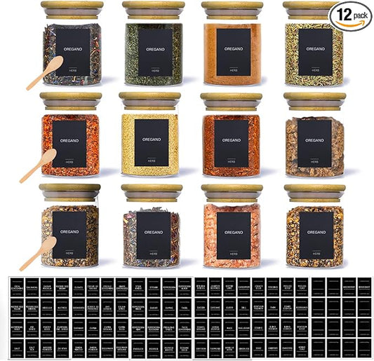 12Pcs Glass Spice Jars with Label - 6 oz Glass Jars with Bamboo Lids Square Spice Jars with Labels 148 Lables Containers with Lids Kitchen Spice Storage with Wooden Spoons