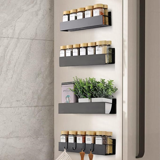 Magnetic Spice Rack for Refrigerator - Strong Magnetized Shelf for Fridge Storage - 2 Pack with 4 Moveable Hooks - Versatile Kitchen Organizer - Space-Saving Fridge Magnet Shelves