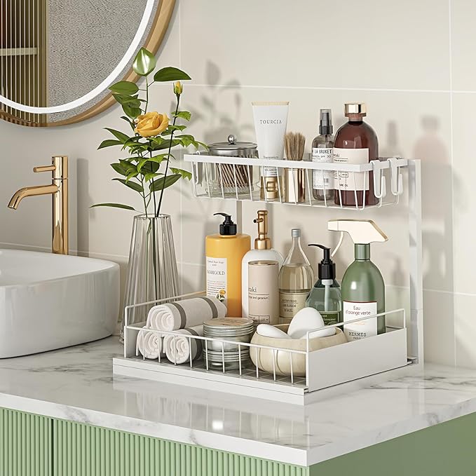 REALINN Under Sink Organizer, Height Adjustable Pull Out Cabinet Organizer, 2 Tier Under Sink Organizers and Storage for Kitchen Bathroom Laundry, White, 2 Pack
