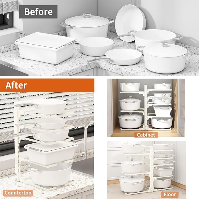 Adjustable Pots and Pans Organizer Under Cabinet, 8-Tier Pot and Pan Organizers Inside Cabinet, Kitchen Cabinet Organizers and Storage, White