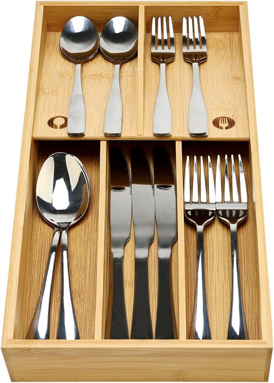 Bamboo Silverware Drawer Organizer Cutlery Tray for Drawer Wood Kitchen Utensil Tray Flatware Caddy Cutlery Holder Utensil Drawers Organizer for Spoon Fork Knives Wooden Silverware Trays