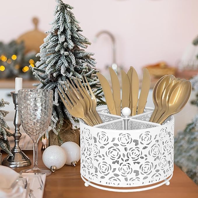 360° Rotating Metal Silverware Caddy - 4 Compartment Utensil Cutlery Holder Fork Spoon Napkin Organizer Flatware Storage Basket Party Countertop Buffet Picnic Camping Outdoor (White)