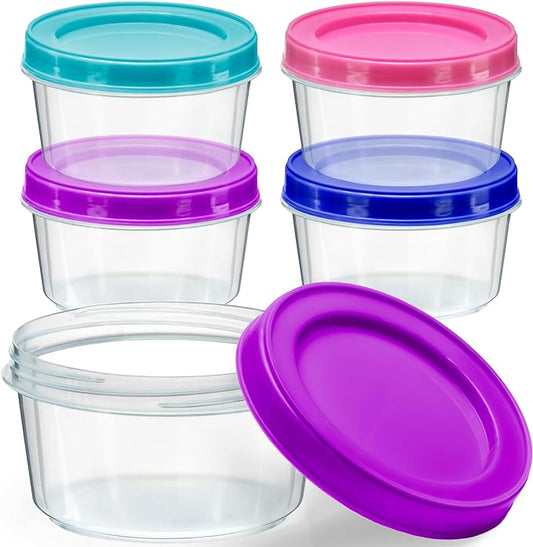 DecorRack 4 Pack - 7 oz Plastic Food Storage Containers with Screw Lids, BPA-Free, Reusable Stackable Jars for Portion Control, Snacks, Travel, Kitchen, Freezer, Art and Craft (Assorted Color)