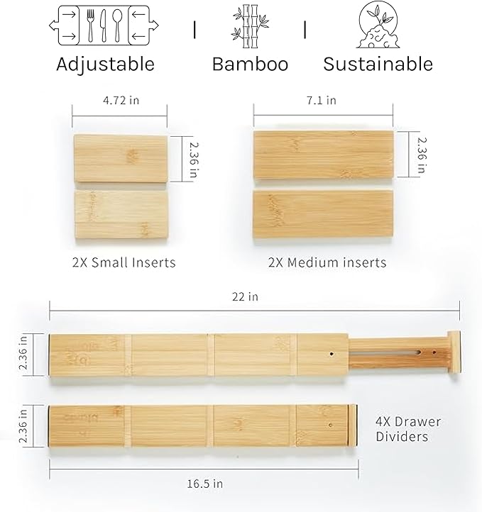 Adjustable Drawer Dividers Pack of 4 with Inserts, Set Kitchen Drawer Organizer for Utensils, Spice Organization, Deep Drawers and Baby Clothes