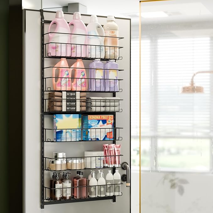Fixwal 6-Tier Over the Door Pantry Organizer, Metal Hanging Spice Rack Storage Shelves with Adjustable Baskets for Kitchen, Black