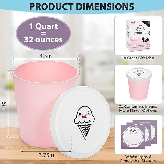 Ice Cream Containers (2 Pack - 1 Quart Each), Freezer Containers for Homemade Ice Cream Storage - Pink