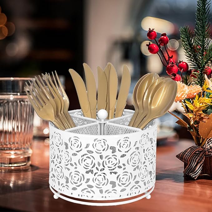 360° Rotating Metal Silverware Caddy - 4 Compartment Utensil Cutlery Holder Fork Spoon Napkin Organizer Flatware Storage Basket Party Countertop Buffet Picnic Camping Outdoor (White)