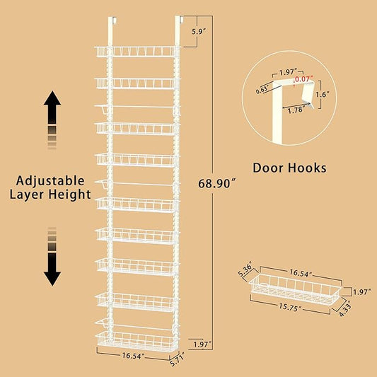 Churboro Over the Door Pantry Organizer Rack with 9 Adjustable Baskets, 9 Tiers Dual-use Hanging or Wall Mount Spice Rack Organizer, White