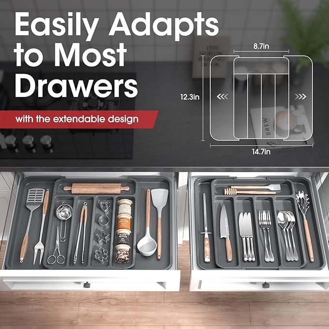 Aujen Expandable Kitchen Drawer Organizer - Adjustable Utensil Organizer, Multipurpose Storage Solution for Forks, Knives, Grey