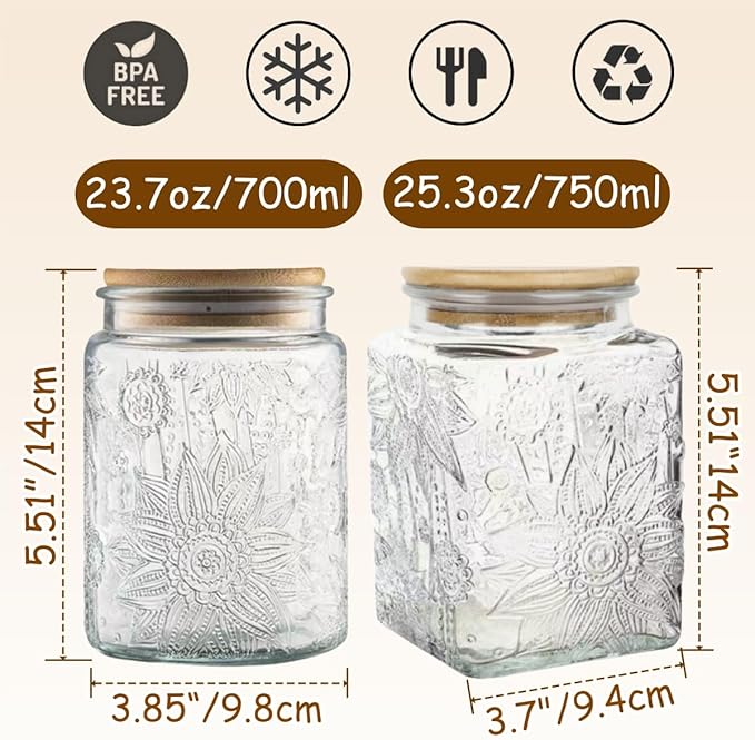ANSQU Set of 2 Vintage Glass Storage Jars, Glass Food Storage Containers(25.3oz/23.7oz), Candy Jars with Lids for Kitchen Coffee, Tea, Cookie, Sugar, Bath Salts, Cute Jar