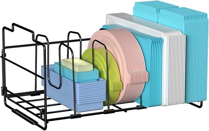 Food Container Lid Organizer, Large Capacity Adjustable 4 Dividers Detachable Lid Storage Organizer for Cabinets, Cupboards, Plastic Lid Organizer for Pantry Shelves, Drawers, Black