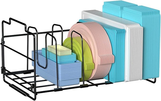 Food Container Lid Organizer, Large Capacity Adjustable 4 Dividers Detachable Lid Storage Organizer for Cabinets, Cupboards, Plastic Lid Organizer for Pantry Shelves, Drawers, Black