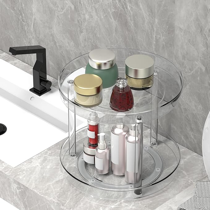 Lazy Susan Organizer 2 Tier, Round Plastic Turntable Organizer Organization Storage Container Bins,Spinning Organizer for Spices,Vanity Countertop Makeup Organizing(2 Tier 10.6 inch)