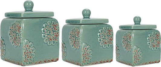 Floral Blue 10, 9, 8 inch Ceramic Food Storage Canisters Set of 3 38993