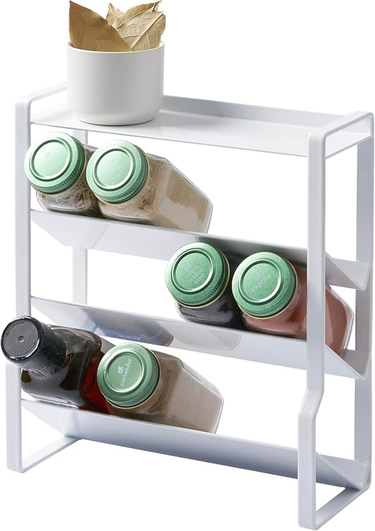 Yamazaki Home Tower 4-Tier Slim Spice Rack Organizer - Large Capacity, Angled Shelves, Flat Top Tier - Ideal For Countertops And Stove Sides - Steel