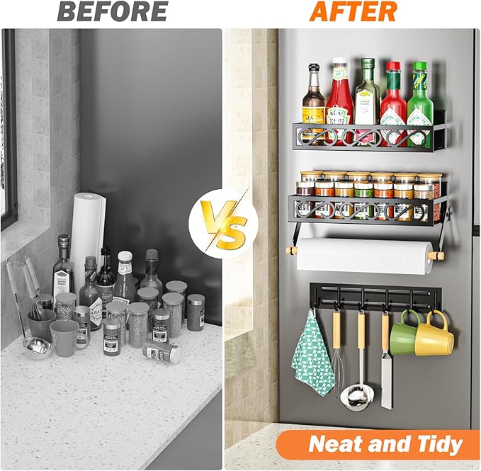 Spice Racks Magnetic for Refrigerator, Magnetic Spice Shelves with Paper Holder, Moveable 6 Hook Rack, Magnetic Fridge Organizer Set(3Pack), BLACK